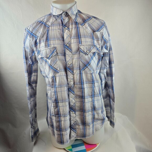 Wrangler Shirt Mens Medium White Pearl Snap Cowboy Rodeo Western Plaid Stitch - Picture 1 of 9